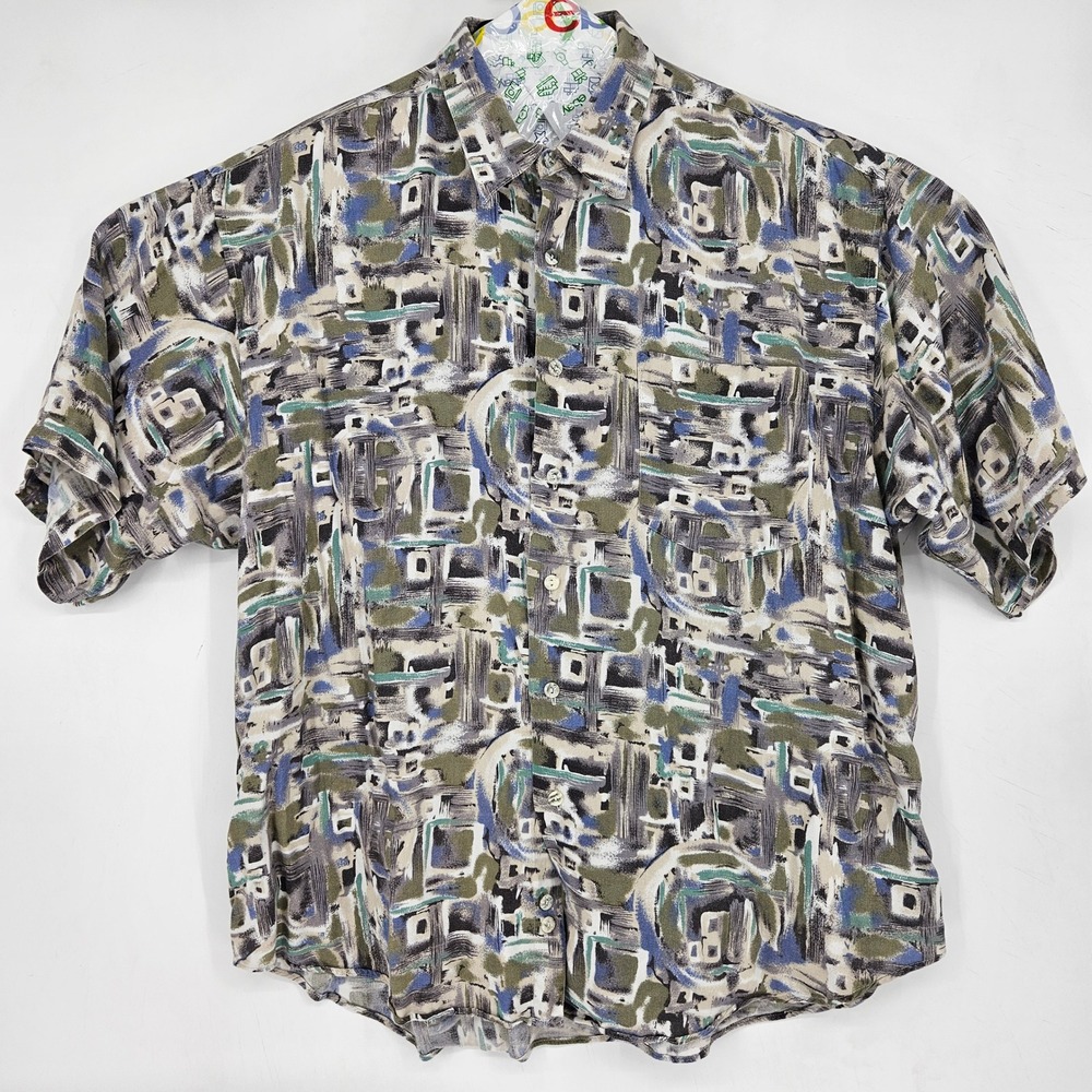 Vintage Reunion Menswear Shirt Mens XL Button Up Rayon Geometric Short Sleeve‎